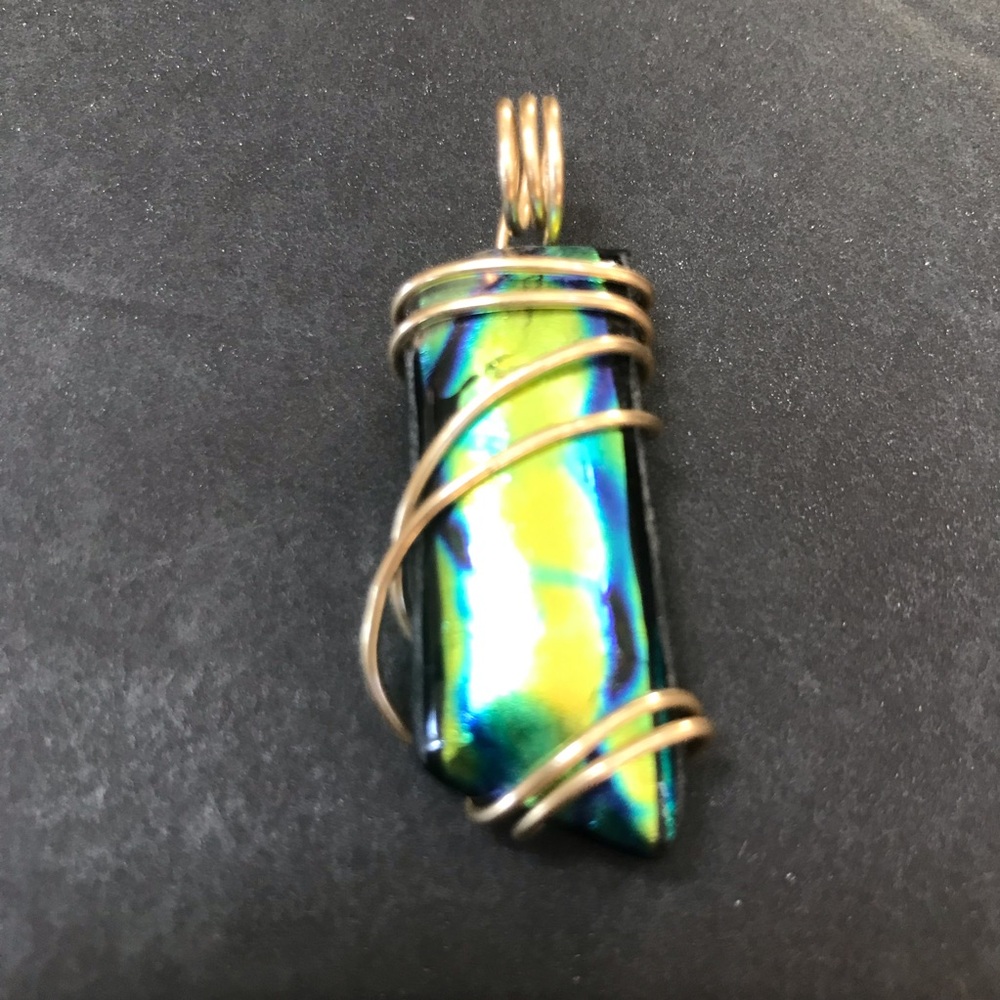 Large Black Green Blue dichroic glass Pendant Wire Wrapped GF Iridescent Artisan